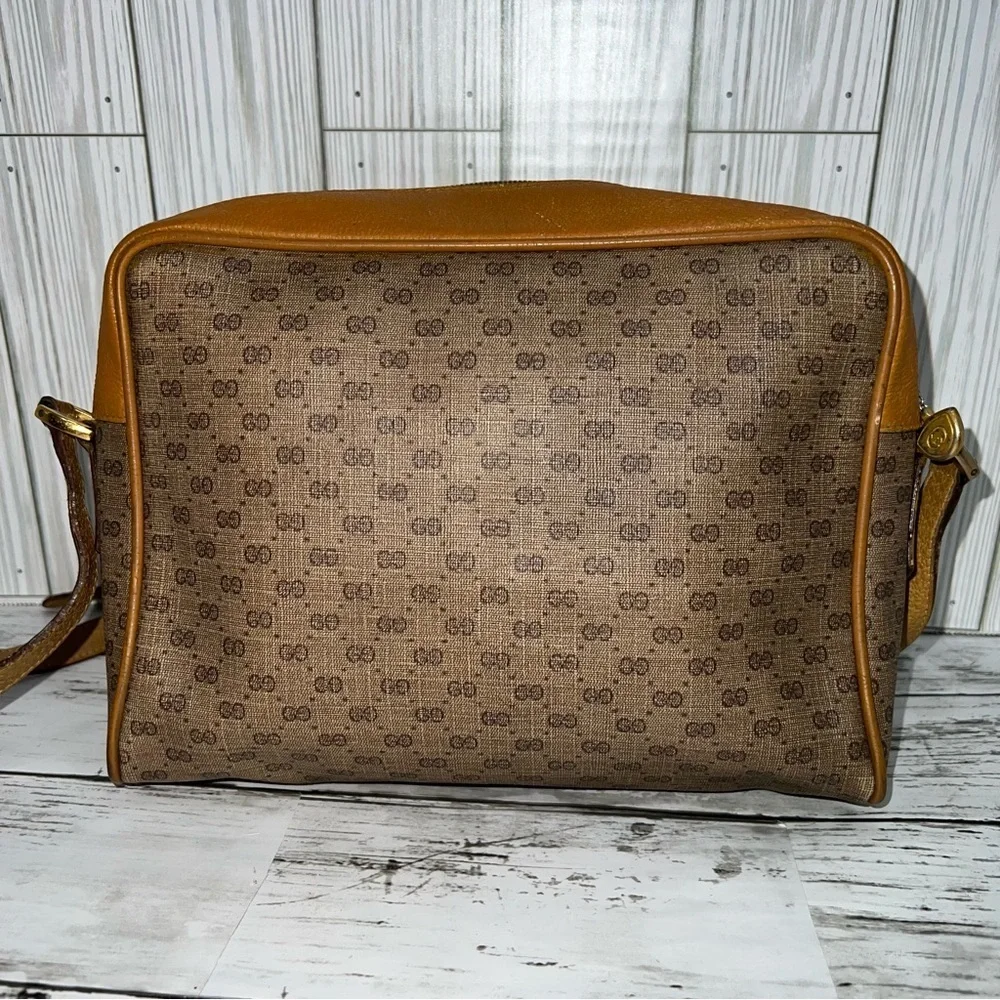 Gucci Vintage GG Monogram Canvas Crossbody Bag Brown Leather Trim Messenger - Picture 7 of 12